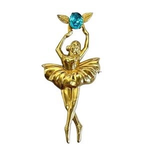 Vintage 1940s Coro Ballerina En Point Gold-Tone Brooch Blue Stone Signed 3"